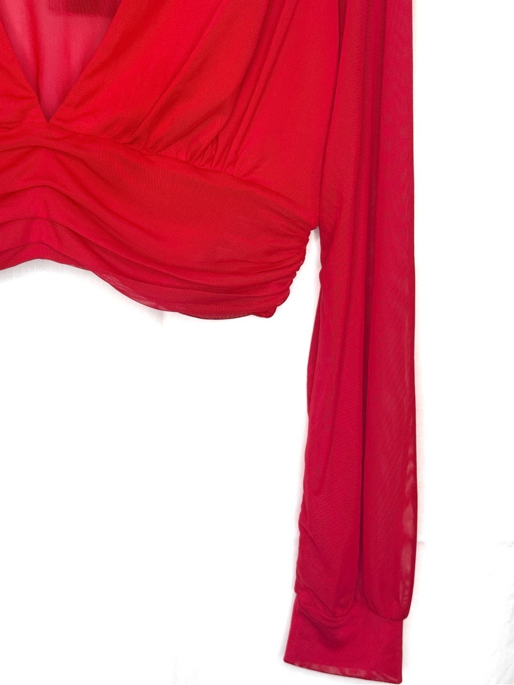 NEW WITH TAGS-Sincerely Jules Red Sheer Mesh Long Sleeve Crop Top Deep V-Neck M - Picture 3 of 7